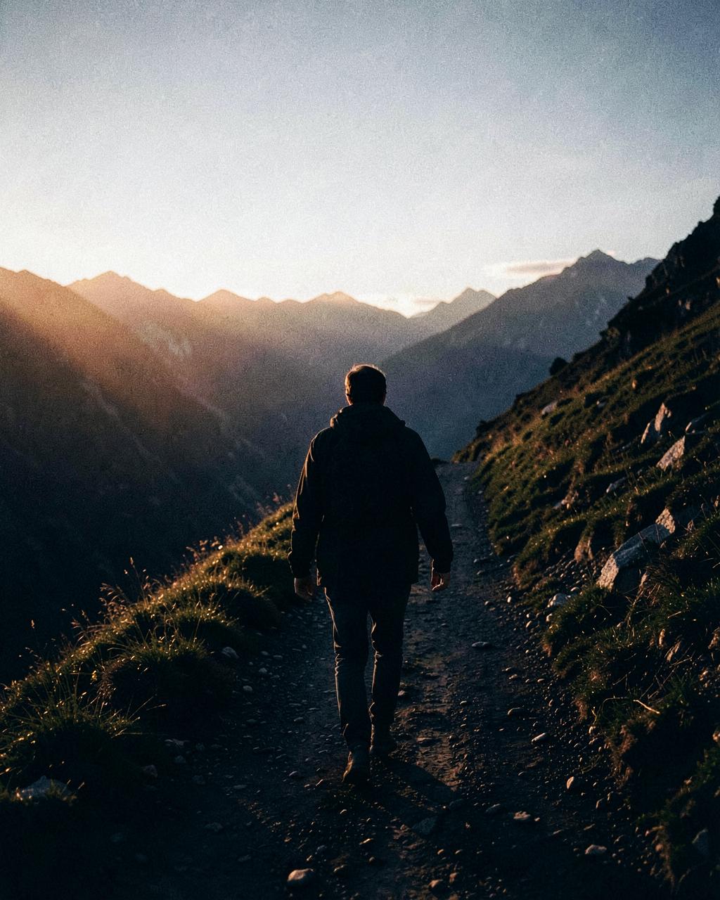 Persona caminando con dirección por un sendero de montaña al amanecer
